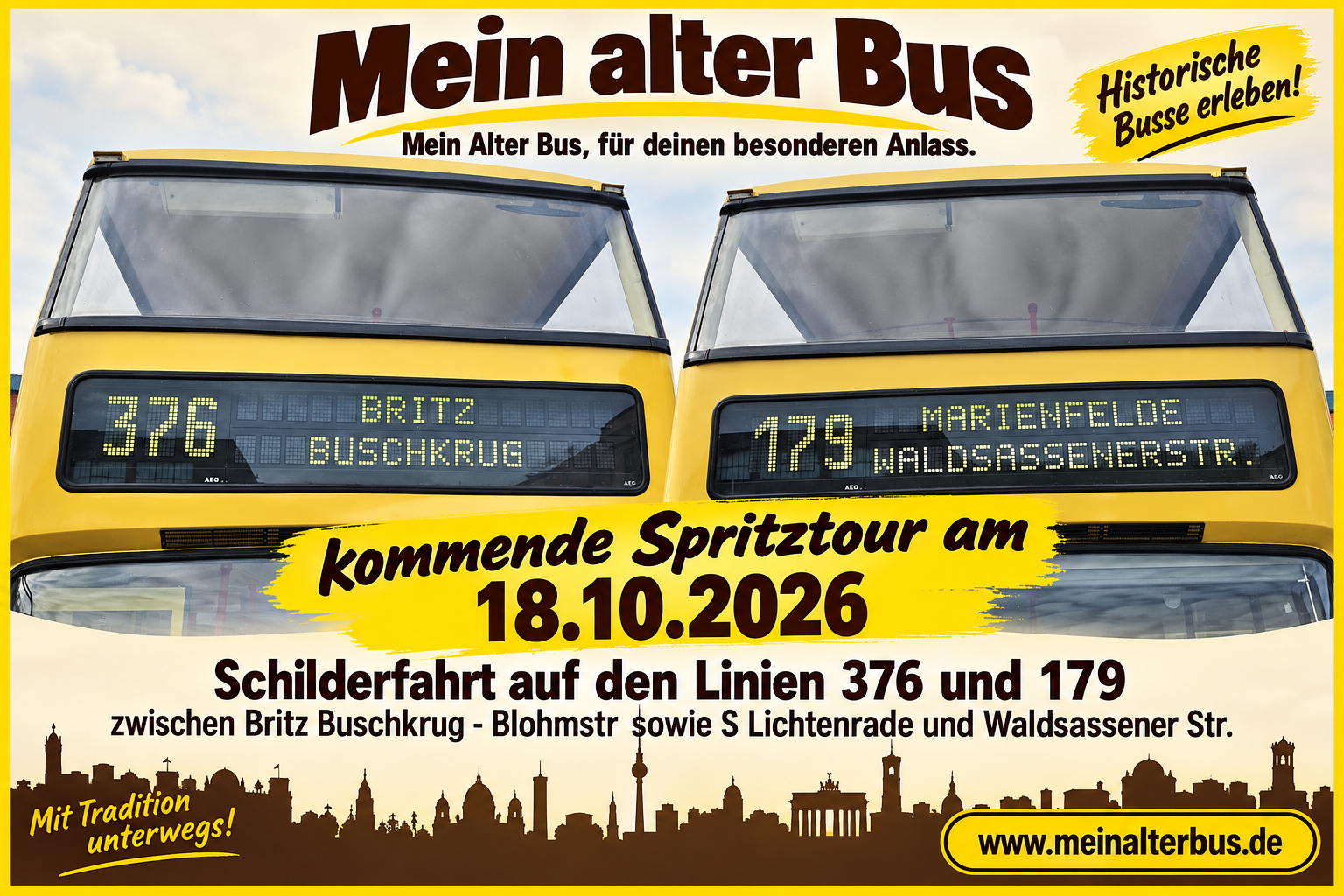 Ankündigung: Schilderfahrt am 18.10.2026 auf den Linien 376 und 179 zwischen Britz Buschkrug, Blohmstraße sowie S Lichtenrade und Waldsassener Straße