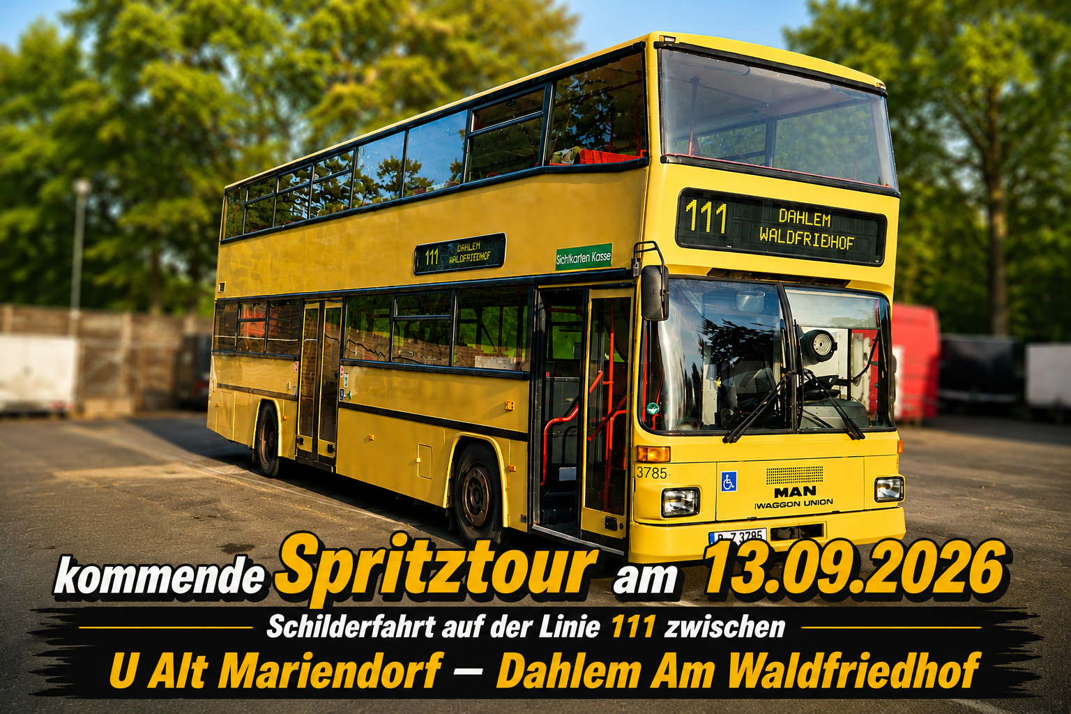 Ankündigung: Sonderfahrt am 13.09.2026 auf der Linie 111 zwischen U-Alt Mariendorf und Dahlem Am Waldfriedhof