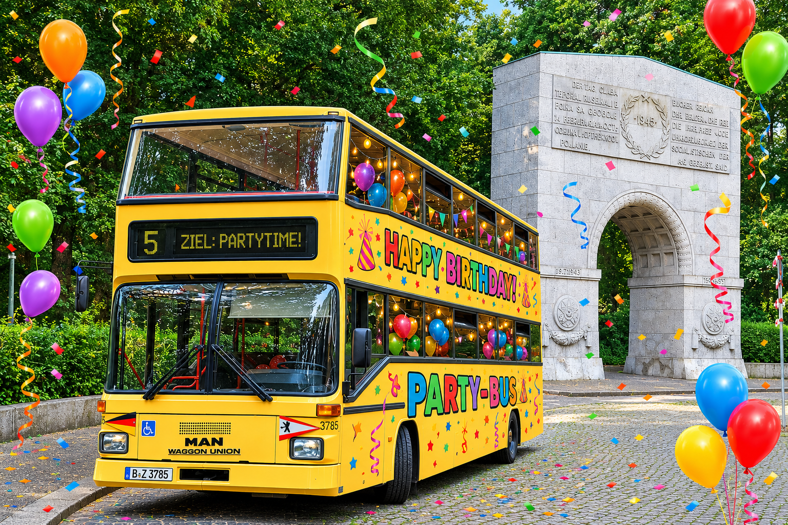 Der historische Bus bei einem Geburtstag